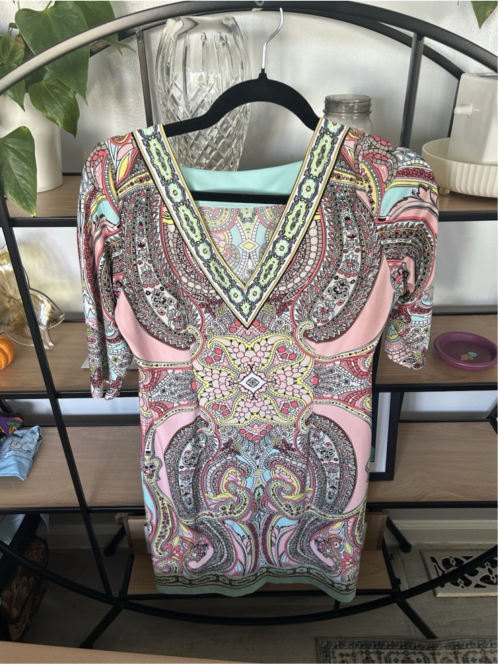Sandra Darren Pink Paisley Midi Dress with Mint and Yellow Accents